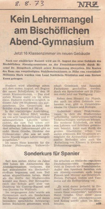 Zeitungsartikel der NRZ zum Neubau des Abendgymnasiums in der Franziskanerstraße